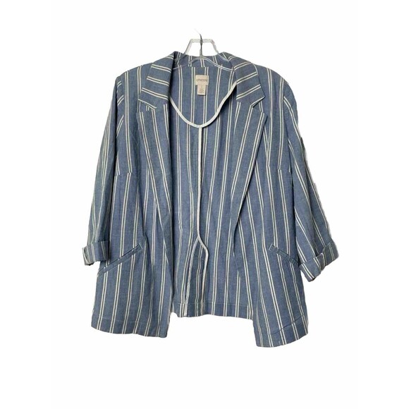 Chico's Open Blazer Jacket Womens Size 1 White Blue Stripe Rolled Sleeves Pocket - Picture 1 of 15